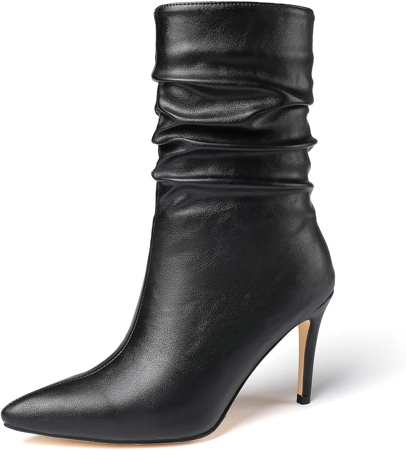 vivianly Womens Pointed Toe Heel Boots Stiletto Heels Mid-Calf Boots Zipper Booties | Amazon (US)
