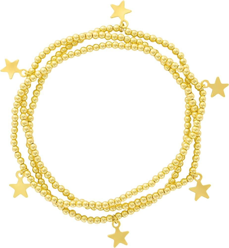 14K Gold or Silver Plated Bead Stretch Bracelet with 14K Gold Plated Star Charm - Stackable Stret... | Amazon (US)