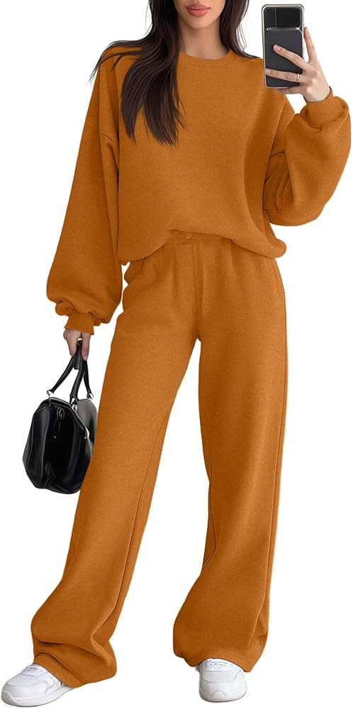 Women's 2 Piece Outfits Set Fleece Lined Lounge Sweatsuit Crewneck Pullover Top Wide Leg Pants Ca... | Amazon (US)