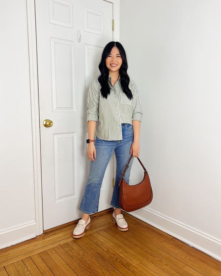 Green and white striped button up shirt (XSP)
High waisted kick crop jean (27P)
Brown bag
White loafers (TTS)
White chunky loafers
Smart casual outfit
Casual spring outfit
Outfit with jeans
LOFT outfit
Mom outfit
Weekend outfit

#LTKfindsunder50 #LTKstyletip #LTKsalealert