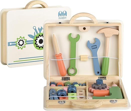 43 Pcs Wooden Tool Box Building Tools Sets Pretend Play Toys for Toddlers Construction Toy Role P... | Amazon (US)