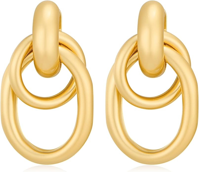 Gold Chunky Earrings for Women Geometric Knot Link Drop Dangle Earrings 14K Gold Plated Statement... | Amazon (US)