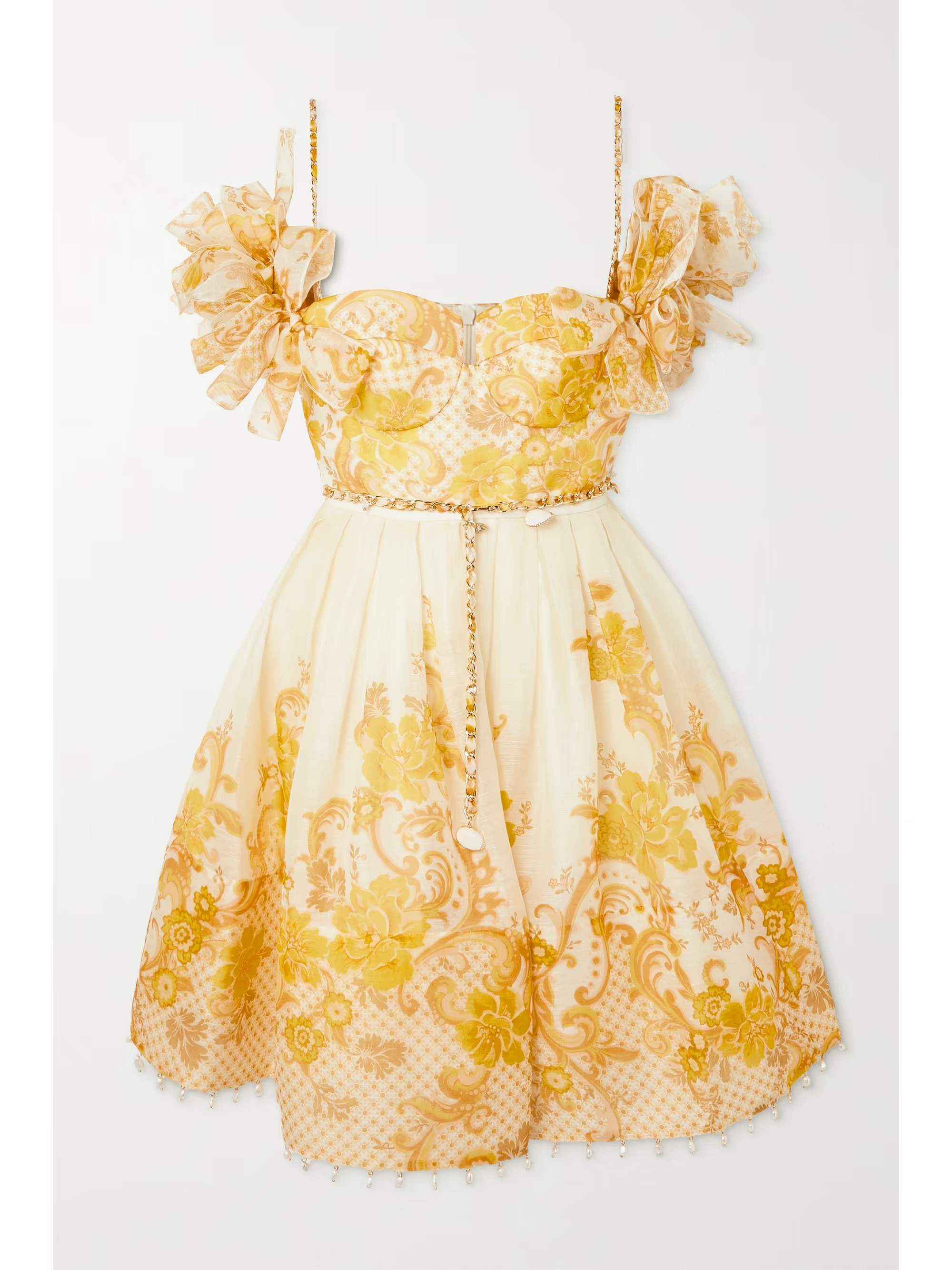 Yellow Postcard cold-shoulder embellished floral-print silk and linen-blend mini dress | ZIMMERMA... | NET-A-PORTER (US)