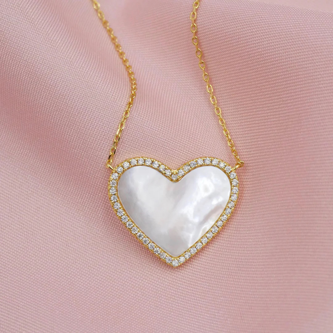 Mother of Pearl Heart Necklace with White Crystal Pave | Amanda Deer Jewelry