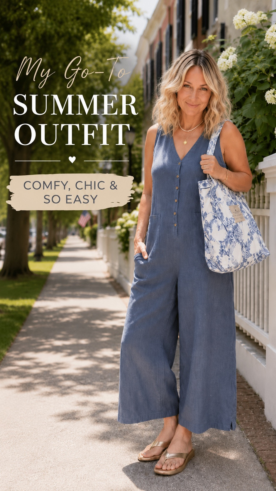 Easy, breezy, and on repeat all summer long 💙

This jumpsuit checks all the boxes: comfortable, flattering, and effortless. Just add a cute tote and sandals, and you’re out the door.
For reference: I’m 5’6” and wearing a size 14 in jumpsuit and Lg in dress 
-
SummerStyle #MidsizeFashion #Over50Style #JumpsuitStyle #CasualChic #SummerOutfitIdeas #FashionOver50 #AffordableFashion #EverydayStyle