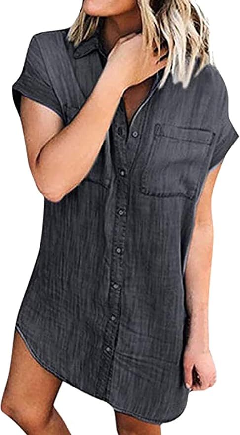Women Denim Shirt Dresses Short Sleeve Distressed Jean Dress Button Down Casual Tunic Top | Amazon (US)