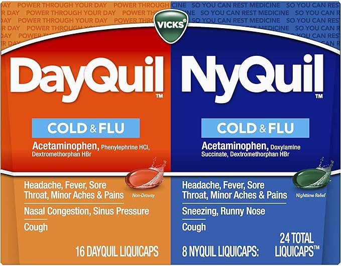 Vicks DayQuil & NyQuil Cough, Cold & Flu Relief, 24 LiquiCaps (16 DayQuil, 8 NyQuil) - Sore Throa... | Amazon (US)
