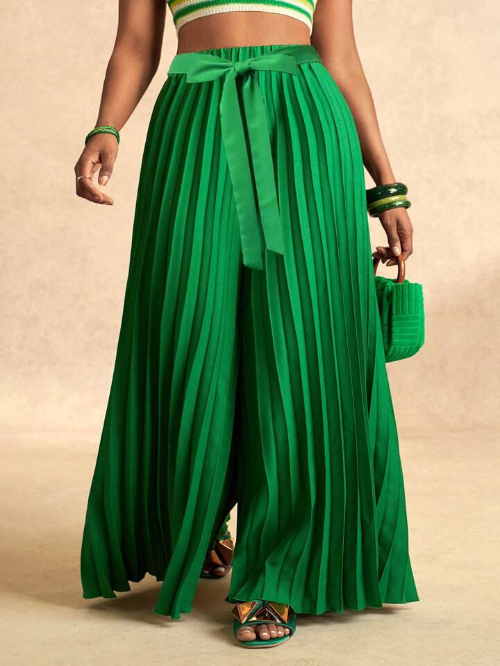 Slaydiva Elegant Elastic Waist Dark Lace-Up Green Pleated Large-Footed Extra-Long Wide-Leg Pants ... | SHEIN