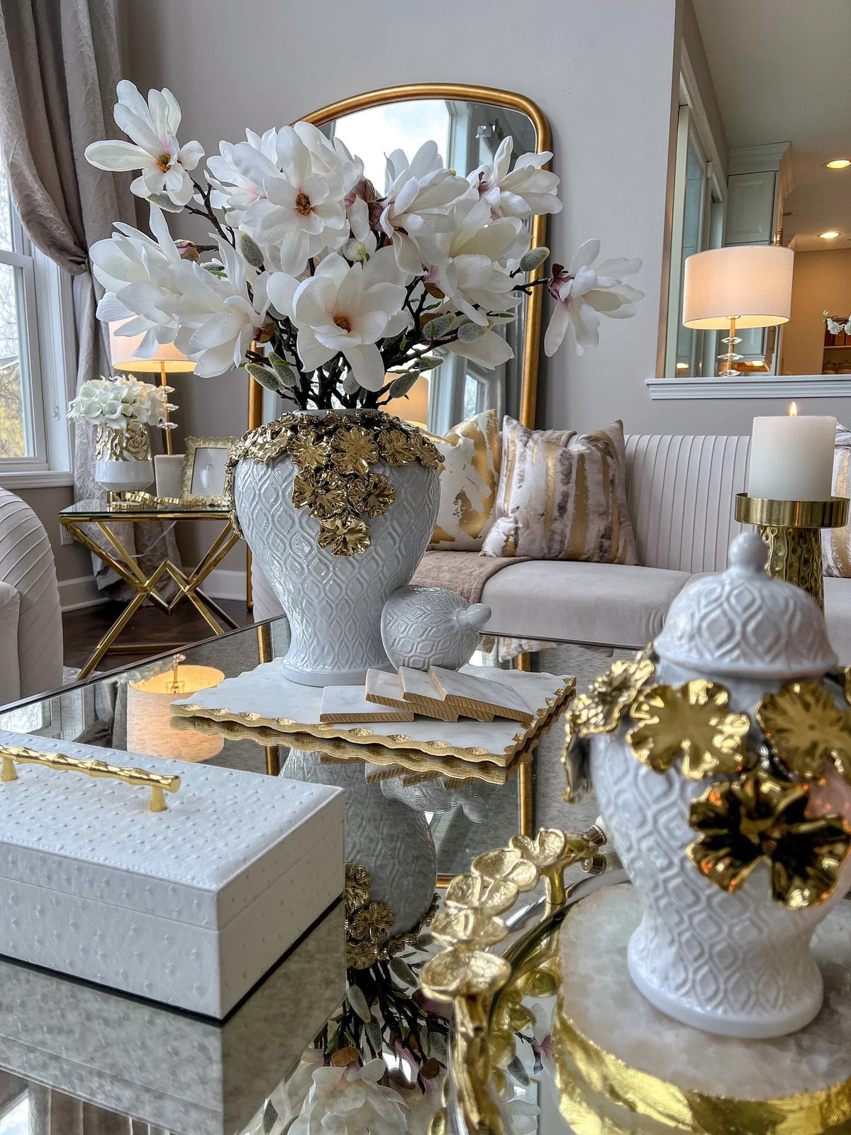 White Textured Ginger Jar with Gold Floral Design (3 Sizes) | Inspire Me! Home Decor