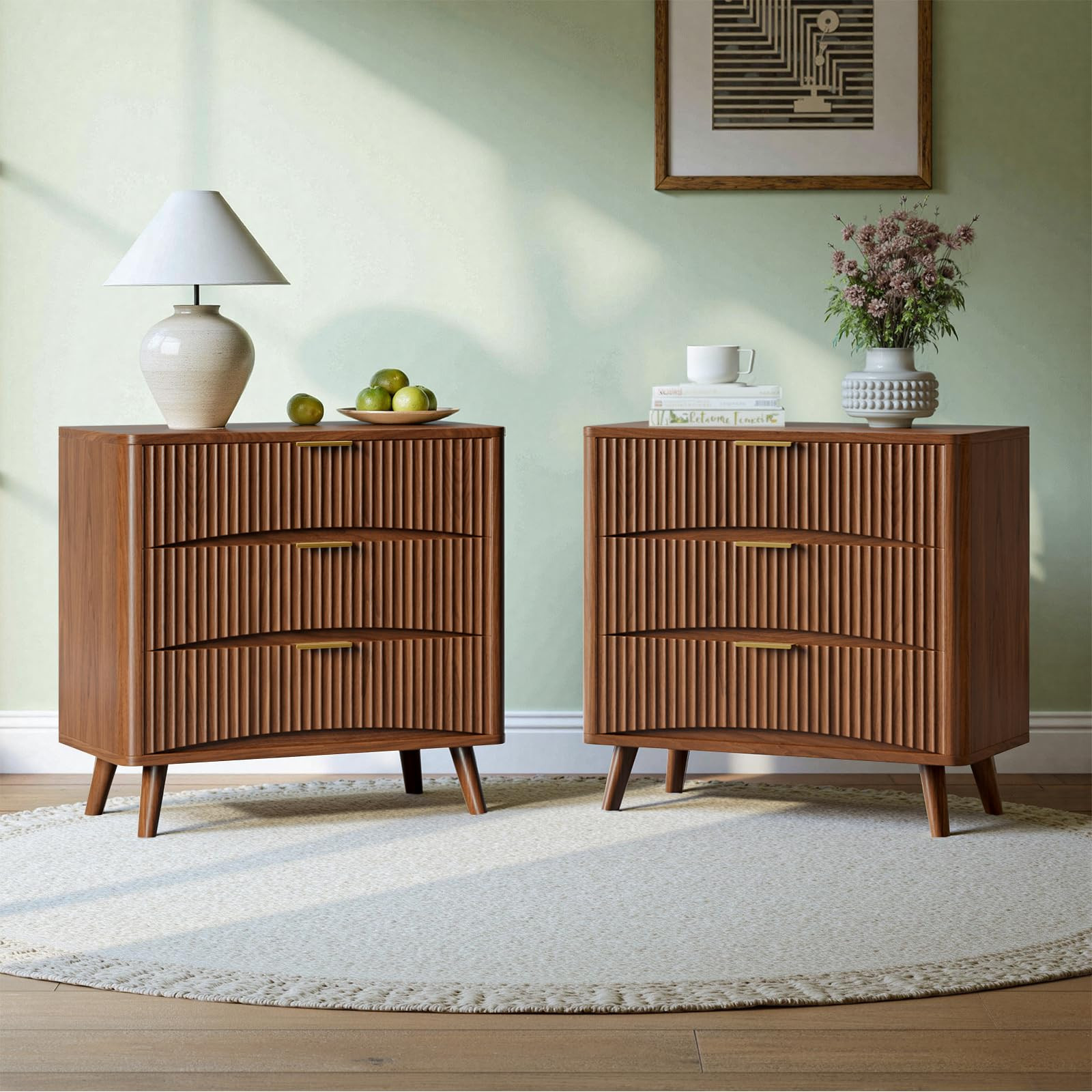 Evermagin 31.5" W Oversized Nightstands Set of 2, Walnut Fluted Nightstand, Tall Large 3 Drawer B... | Amazon (US)