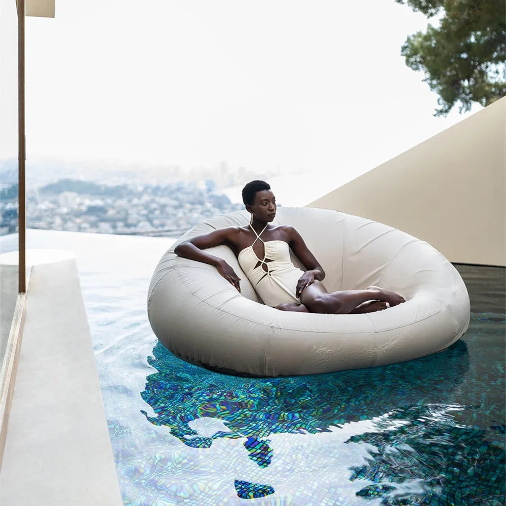 California Sun Cucciolo Round Luxury Inflatable Fabric Sun Lounger Pool Float Chaise (Beige) | Walmart (US)