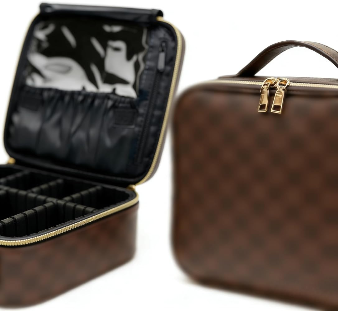 Checkered Travel Makeup Bag with Adjustable Dividers - Waterproof PU Leather Toiletry Organizer f... | Amazon (US)