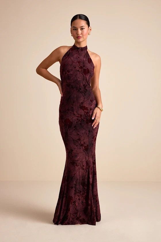 Sitara Burgundy Abstract Jersey Burnout Velvet Halter Maxi Dress | Lulus