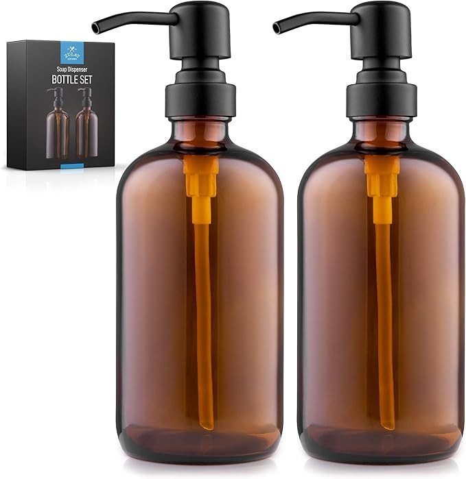 Zulay 2 Pack Amber Glass Soap Dispenser with Pump - 16oz Refillable Amber Bottles with Pump Press... | Amazon (US)