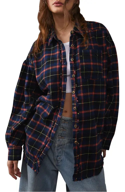 Free People We the Free Happy Hour Plaid Long Sleeve Flannel Shirt in Navy Combo at Nordstrom, Size  | Nordstrom