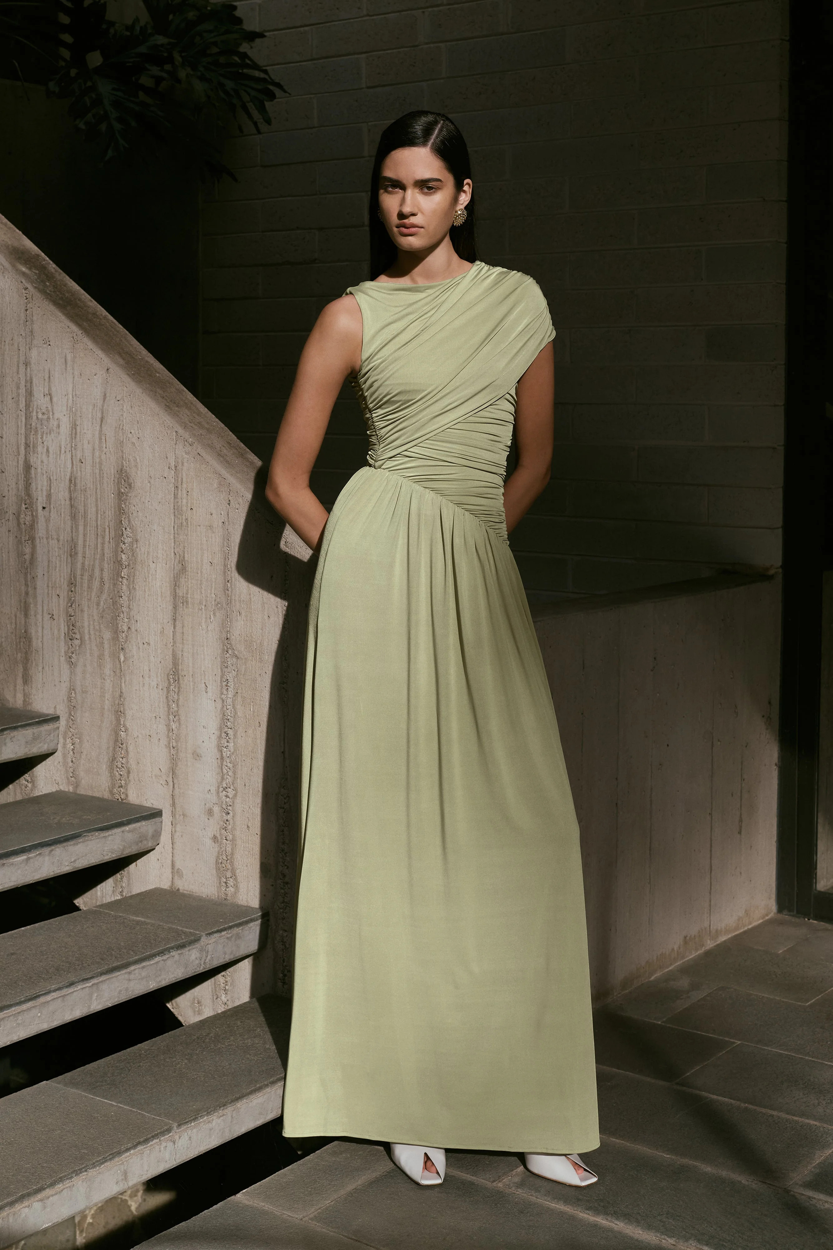 Slinky Asymmetric Maxi Dress - Sage | MESHKI US