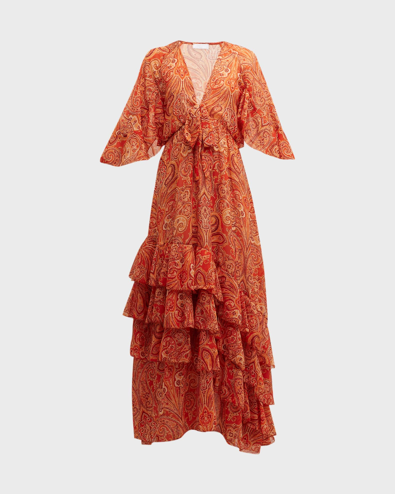 LACE The Label Tiered Paisley-Print Deep V-Neck Maxi Dress | Neiman Marcus