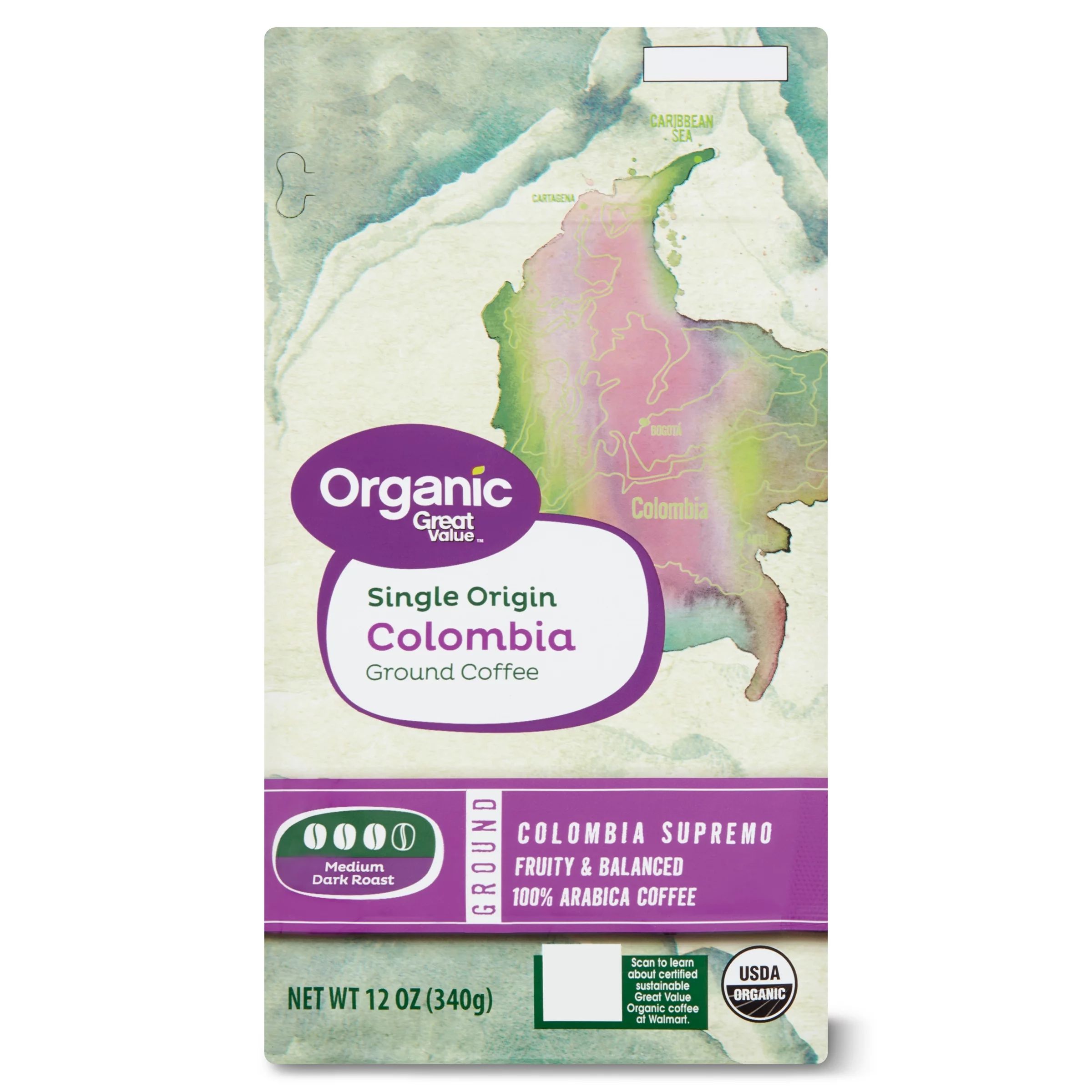 Great Value Organic Single Origin Colombia, Medium Dark Roast, Ground Coffee, 12 oz | Walmart (US)