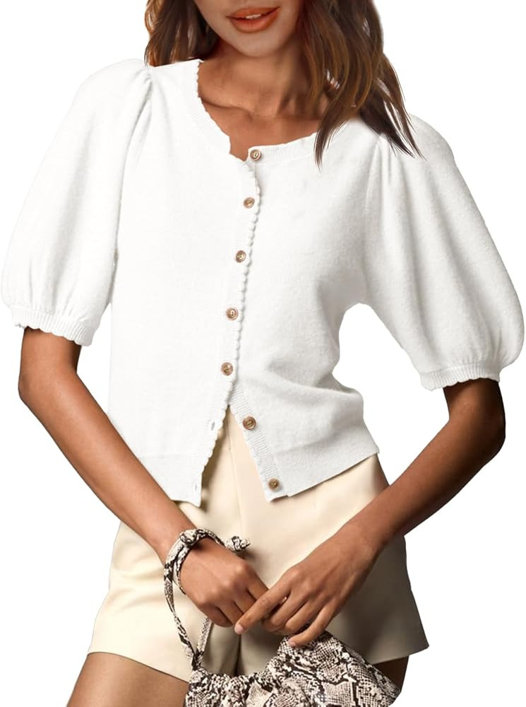 Saodimallsu Womens Puff Short Sleeve Cardigan Lightweight Summer Button Down Shirts Knit Crew Nec... | Amazon (US)