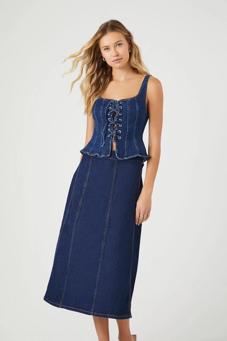 Women's Denim Midi Skirt in Dark Denim, XS | Forever 21