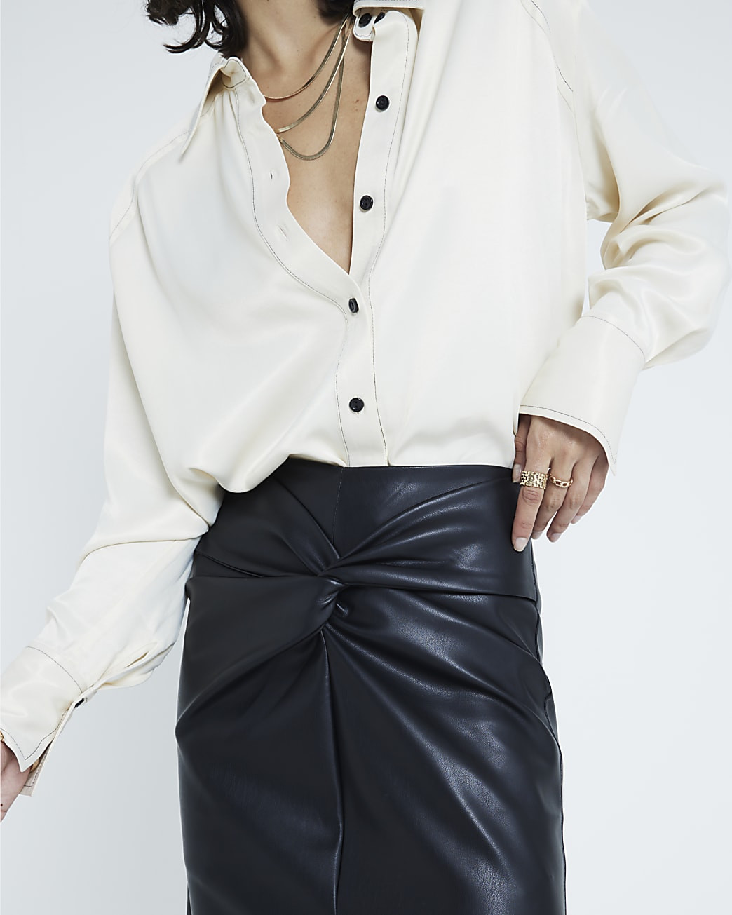 Black Twist Detail Faux Leather Midi Skirt | River Island (UK & IE)