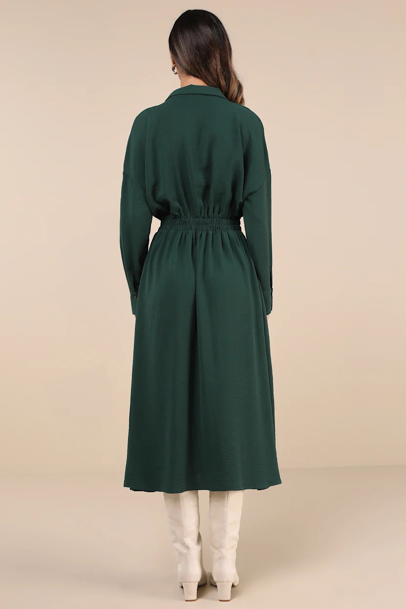 Timeless Class Dark Green Collared Button-Up Pleated Midi Dress | Lulus