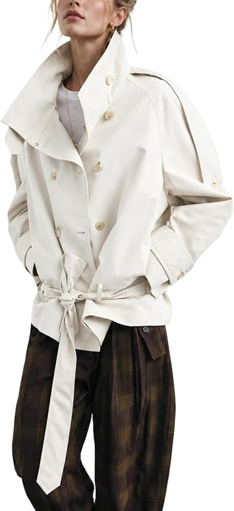 Womens Cropped Trench Coat Double Breasted High Neck Short Jacket | Amazon (US)