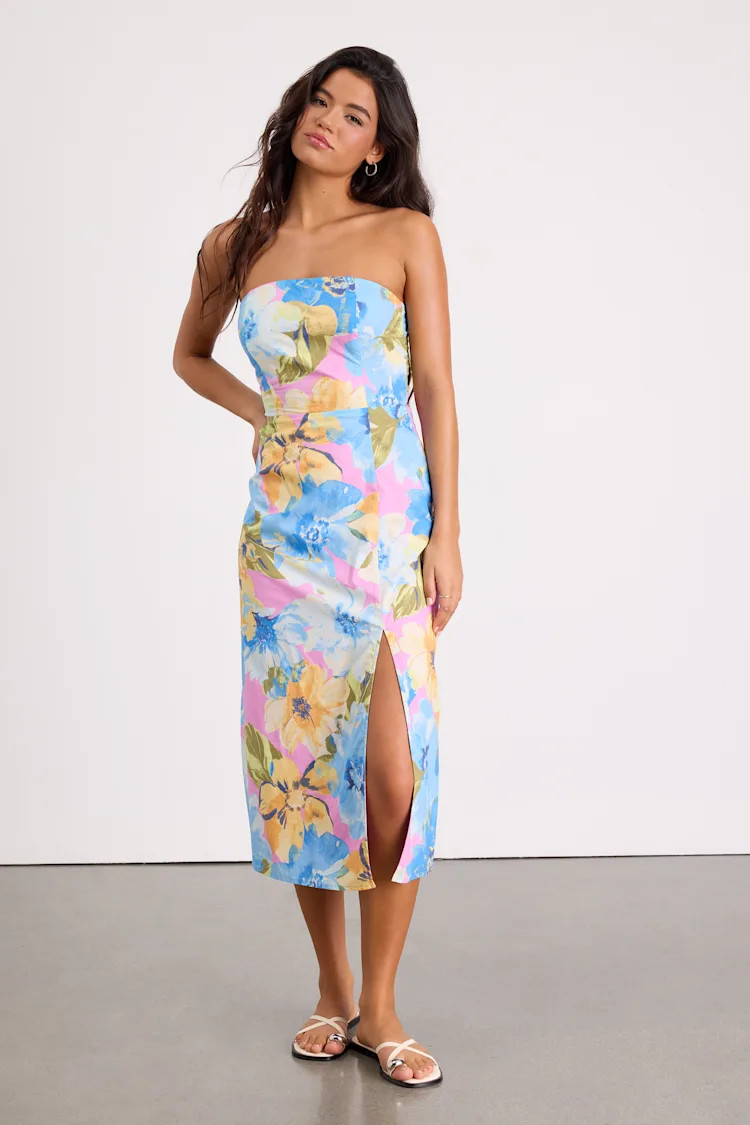 Bold Tendencies Light Pink Floral Strapless Cutout Midi Dress | Lulus