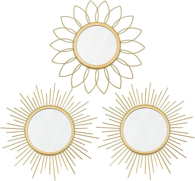 3 Pack Gold Mirrors for Wall Metal Sunburst Wall Mirrors Home Décor Decorative Hanging Wall Art ... | Amazon (US)