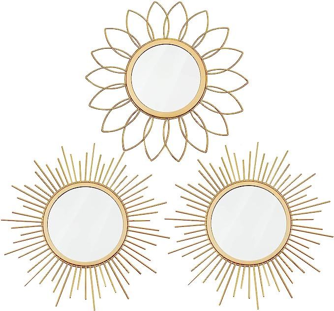 3 Pack Gold Mirrors for Wall Metal Sunburst Wall Mirrors Home Décor Decorative Hanging Wall Art ... | Amazon (US)