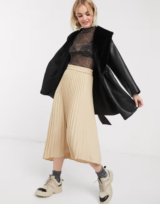 Monki pleated midi skirt in beige | ASOS (Global)