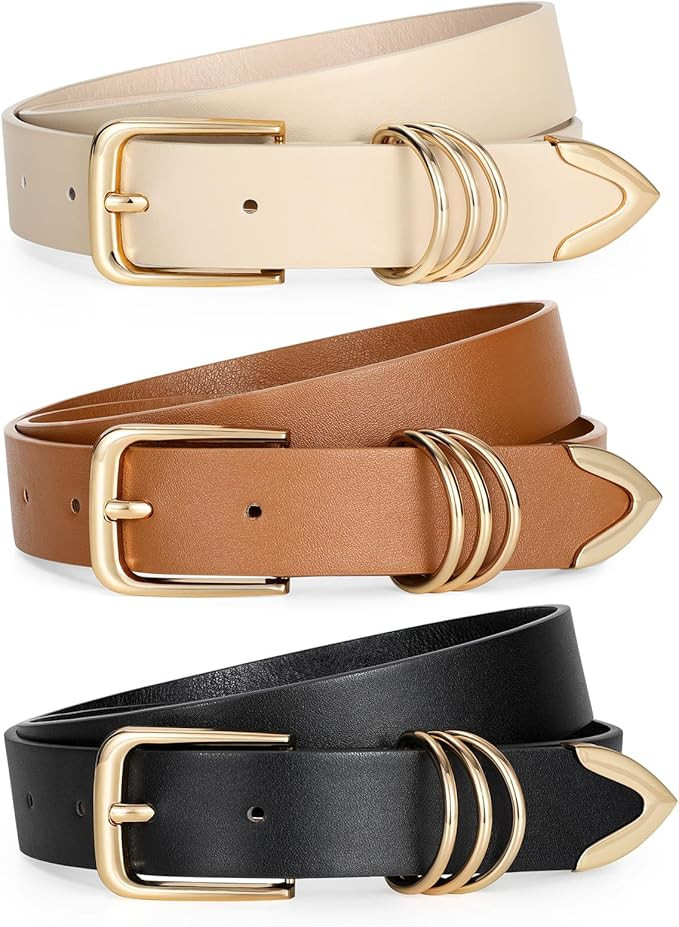 LEACOOLKEY 3 Pack Women's Leather Belts for Jeans Dress Pants Fashion Ladies Leather Belts with G... | Amazon (US)