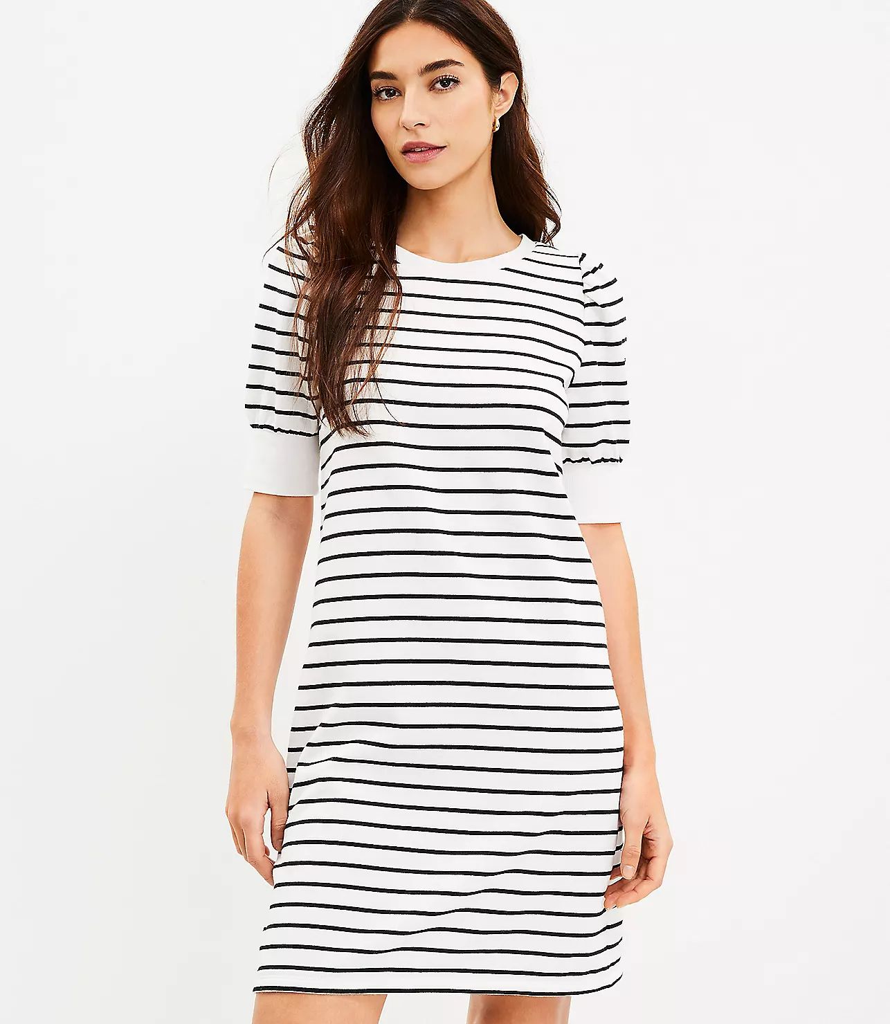 Petite Striped Puff Sleeve Sweatshirt Dress | LOFT