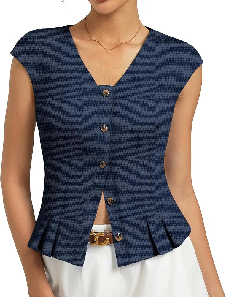 Kate Kasin Womens Button Down Crop Tops, Cap Sleeve Work Shirt, Slim Fit Cute Vest Trendy | Amazon (US)