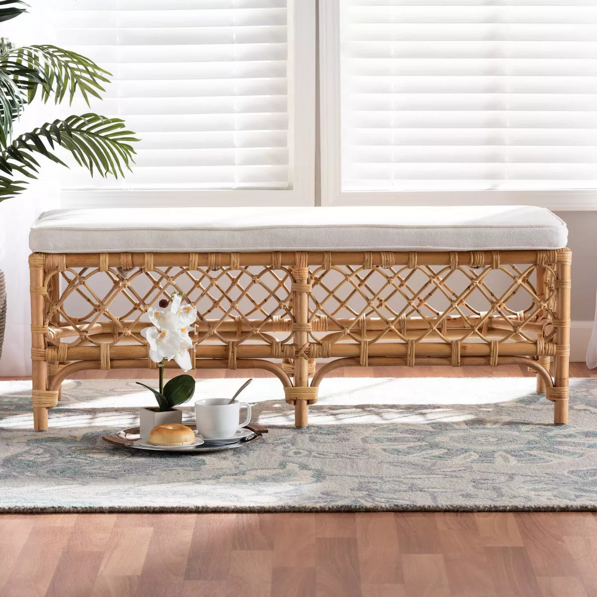 Orchard Fabric Upholstered and Rattan Bench White/Natural - bali & pari | Target