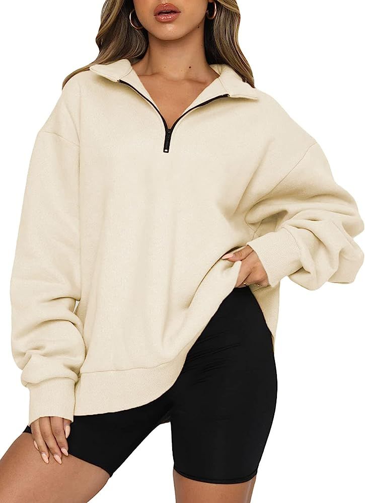 BLENCOT Women Half Zip Oversized Sweatshirts Long Sleeve Solid Color Drop Shoulder Fleece Workout Pu | Amazon (US)