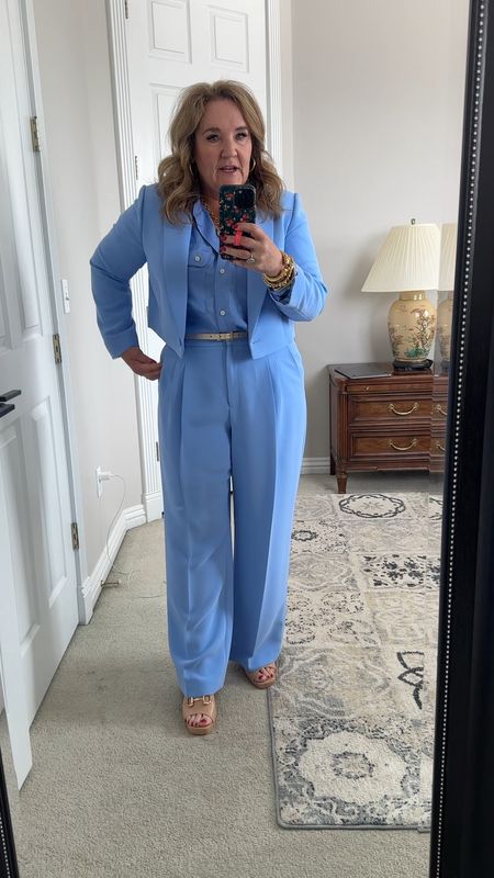 Heading out to the grooms dinner. I op-ed for a suit! 
Sold as separates, pants I’m wearing a 14, blazer size 12. 
Blouse size large. 
Shoes 15% off with code NANETTE15

Accented with Julie Vos pearl and gold jewelry! 

Rehearsal dinner wedding guest graduation communion spring outfit 

#LTKparties #LTKover40 #LTKwedding