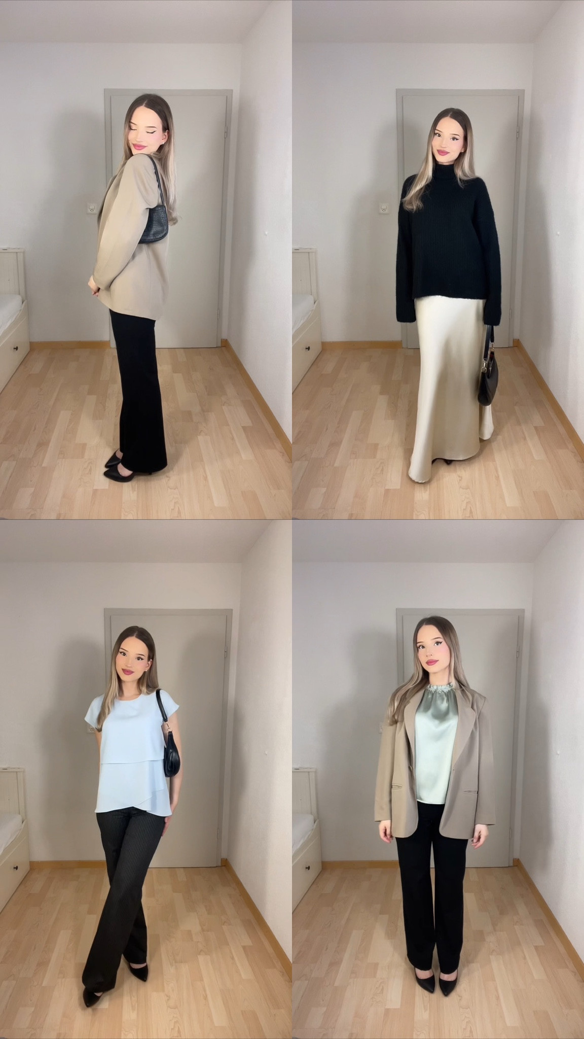 Elegant Office Outfits:
	1.	Beige Blazer and Black Trousers
A chic and professional outfit featuring a tailored beige blazer paired with classic black trousers and pointed black heels. A small black handbag adds sophistication and polish to the look.
	2.	Black Sweater and Satin Maxi Skirt
A timeless combination of a cozy black knit sweater and a luxurious champagne satin maxi skirt. Styled with black accessories for a balanced and elegant office appearance.
	3.	Light Blue Blouse and Black Pinstripe Trousers
A soft and structured look with a pastel blue blouse tucked into black pinstripe trousers. Completed with sleek black pointed heels and a small black handbag for a touch of modern elegance.
	4.	Sage Satin Blouse and Beige Blazer
An elevated office outfit featuring a sage green satin blouse, a beige blazer, and tailored black trousers. Finished with black pointed heels for a refined, sophisticated look.

#OfficeStyle #ElegantOfficeWear #BusinessChic #ProfessionalOutfits #ModernWorkwear #BlazerStyle #SatinSkirt #TailoredLooks #ClassyFashion #WorkWardrobe #OfficeElegance #MinimalStyle #PolishedOutfit #RefinedFashion #WorkOutfitIdeas