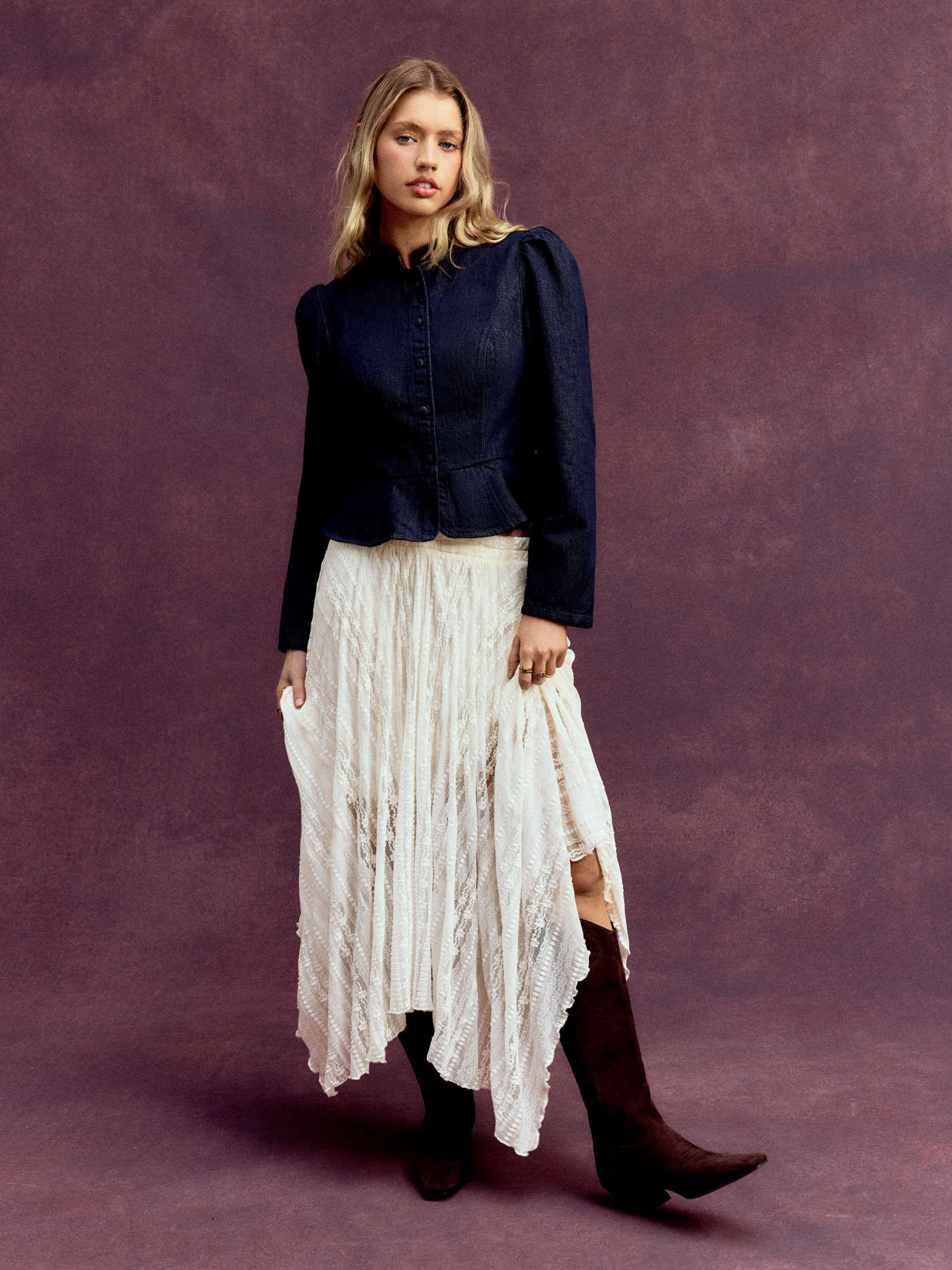 Lace Lace Mid Rise Asymmetrical Flared Maxi Skirt For Daily Casual Date | Cider