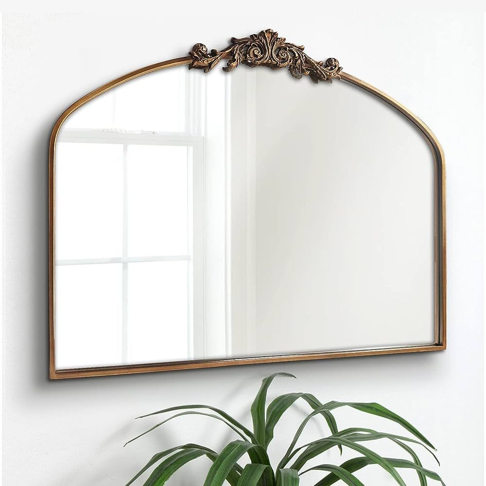 Gold Arched Mirror,Baroque Brass Fireplace Mirror Decor, Victorian Vintage Mirror with Full Matel... | Amazon (US)