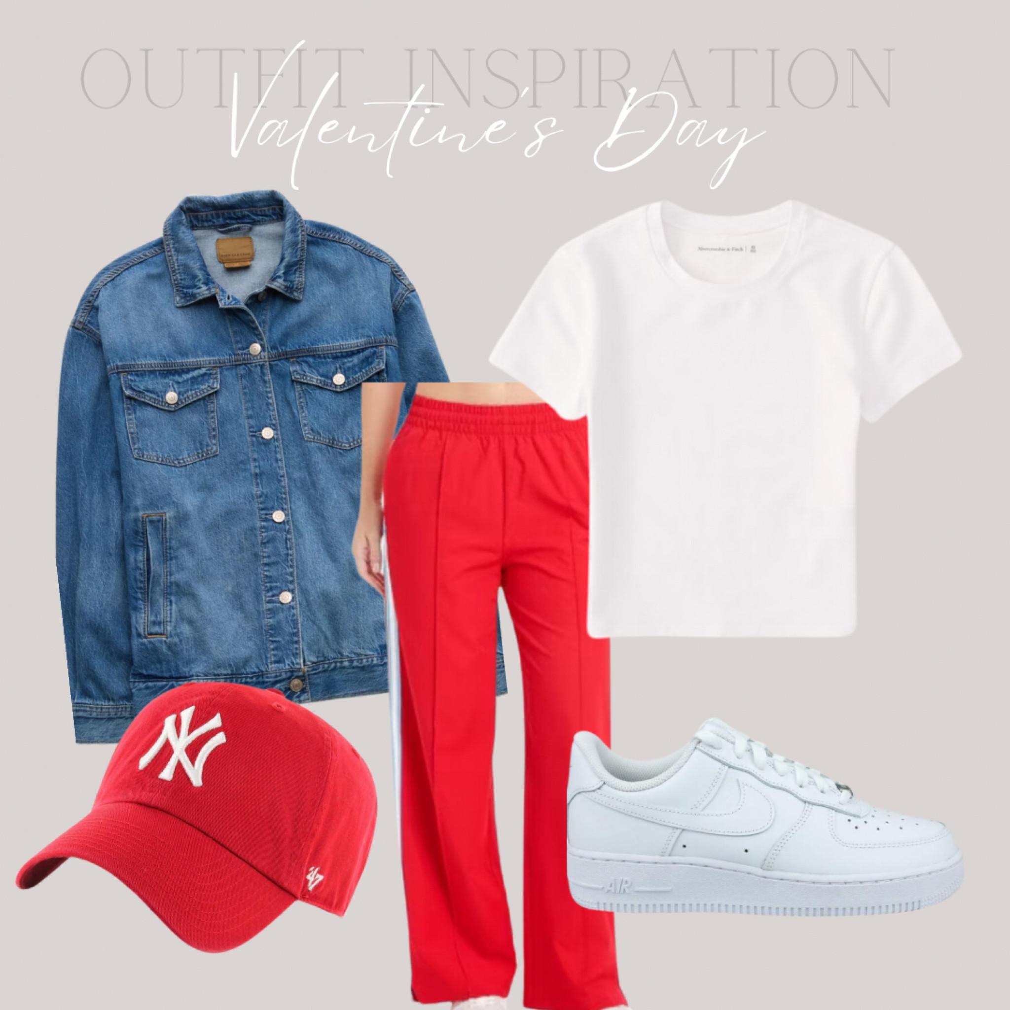 Valentine’s Day outfit inspo 



LA red baseball cap, track pants, white nike sneakers, white tee, baby tee, jean jacket, casual outfit, outfit inspo 

#LTKStyleTip