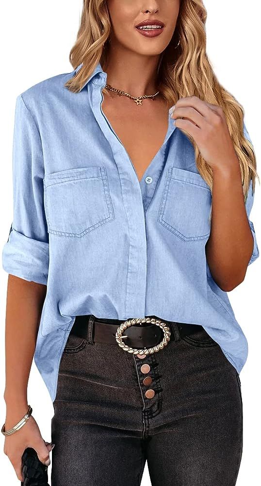 SySea Women's Button Down Denim Shirt Casual Collared Long Sleeve Pocket Blouses | Amazon (US)