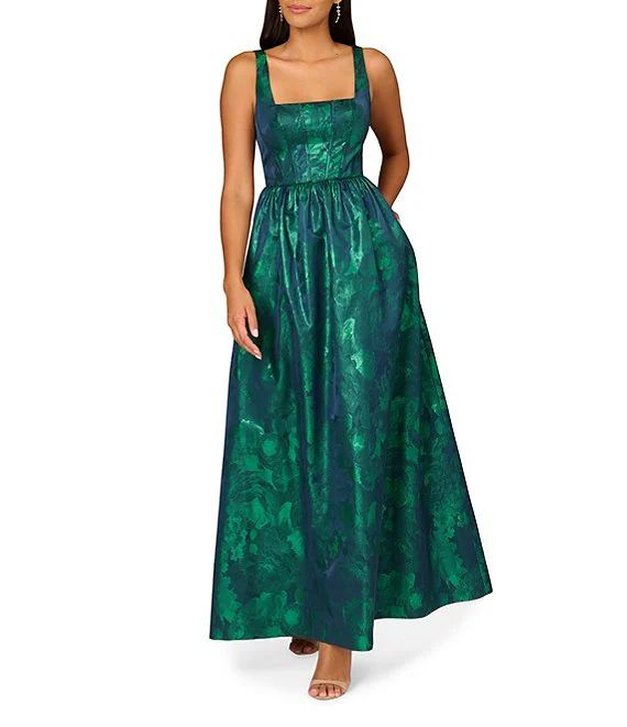 Aidan Mattox Floral Jacquard Square Neck Sleeveless Gathered Skirt Side Pocket Gown | Dillard's | Dillard's