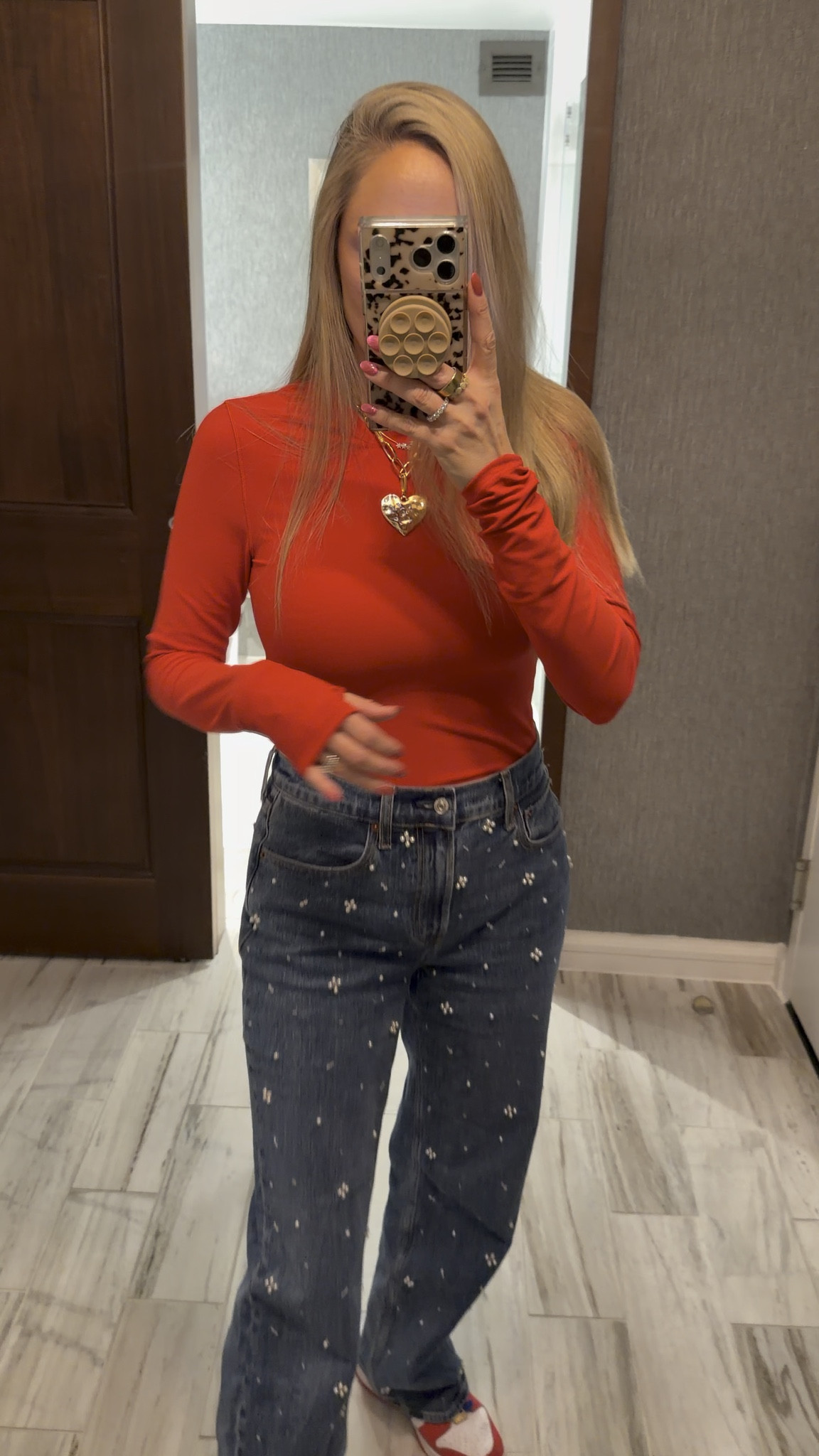 adorable cheer mom outfit with red long sleeve and pearl denim 🤩

#LTKootd #LTKOver40 #LTKgrwm