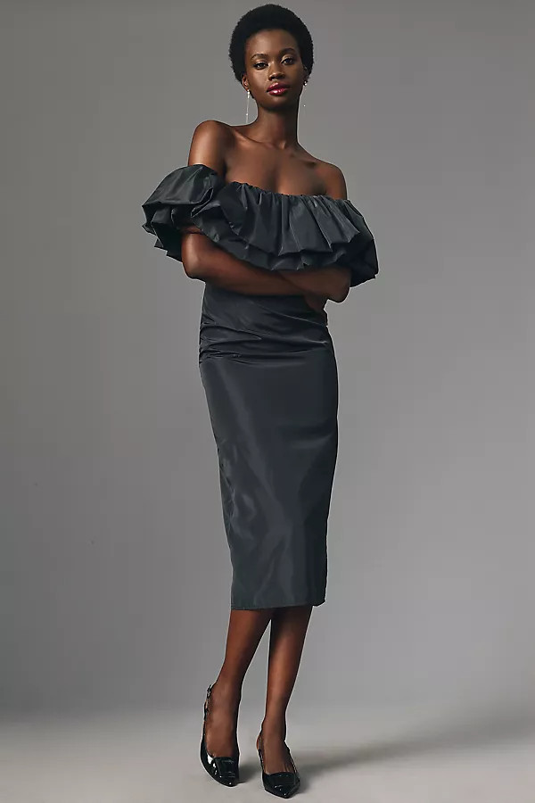 RHODE Off-The-Shoulder Ruffled Taffeta Midi Dress | Anthropologie (US)