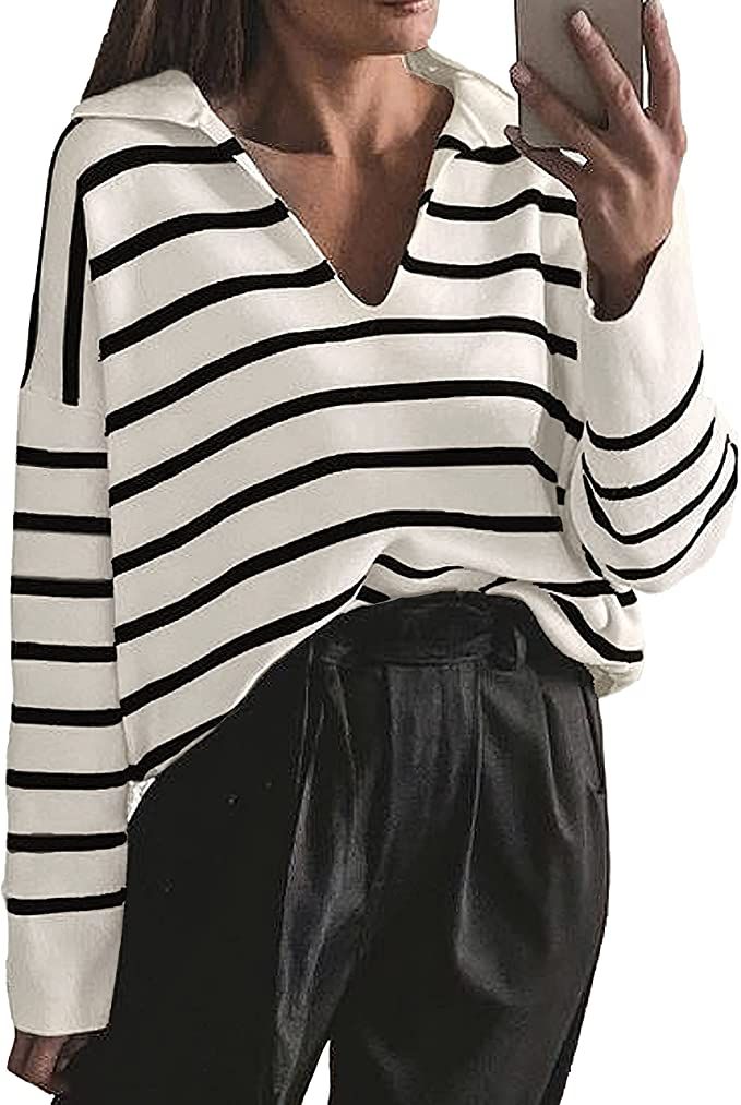 CFLONGE Women's Winter Casual Striped Long Sleeve Polo V Neck Pullover Sweater Loose Fit Drop Sho... | Amazon (US)