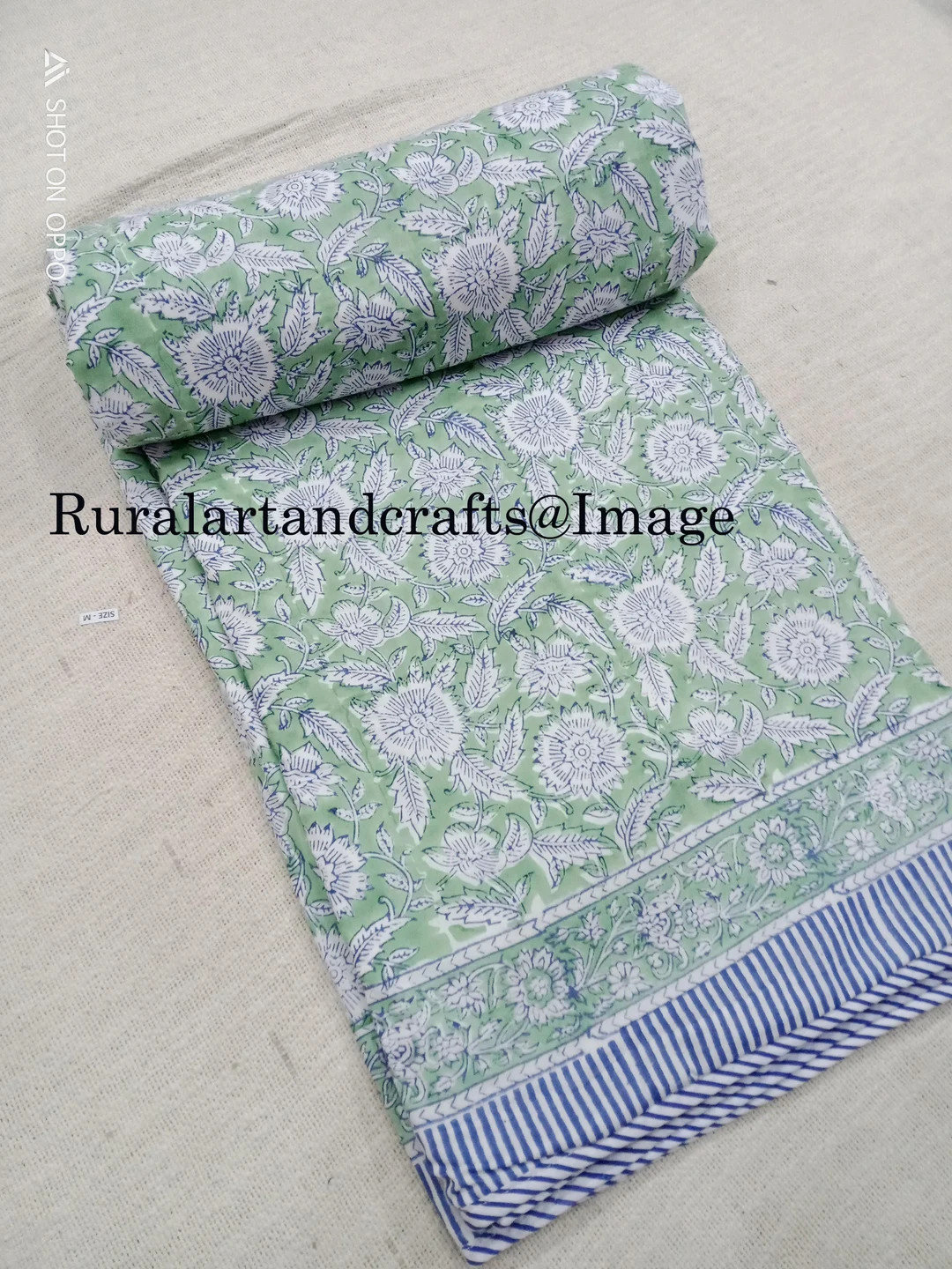 Green Color Handmade Ac Blanket Reversible Dohar Ac Comforter Indian Quilt Blue Floral Print Blan... | Etsy (US)