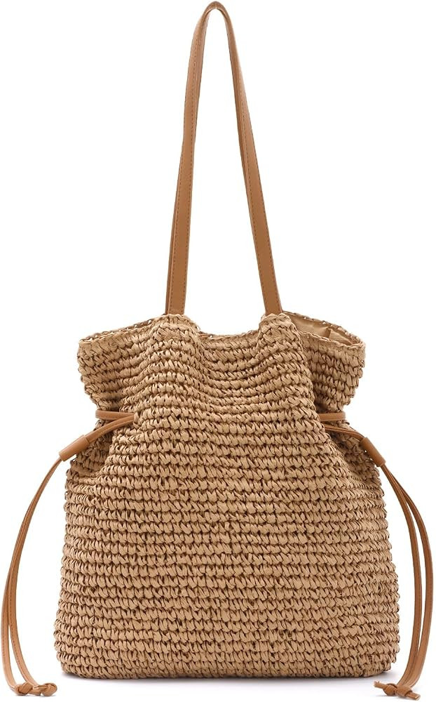 EVEOUT Women Straw Woven Tote Bag with PU Leather Handles Summer Beach Bag Casual Boho Faux Raffi... | Amazon (UK)