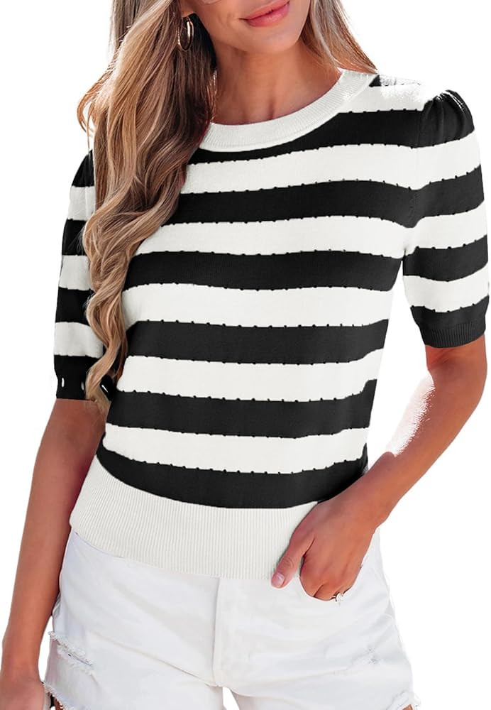 EVALESS Women's Short Sleeve Sweaters Tops Trendy Crewneck Striped Hollow Out Knit T Shirts Casua... | Amazon (US)