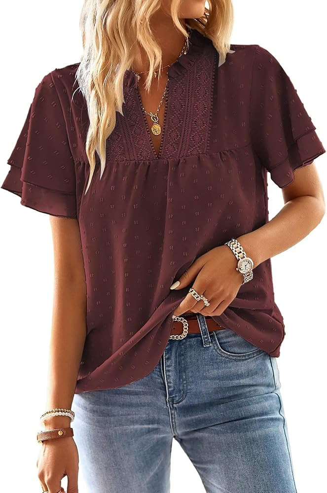 Womens Tops Butterfly Sleeve V Neck Blouses for Women Dressy Casual Flowy Swiss Dot Ruffle Short ... | Amazon (US)